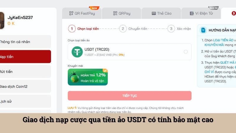 Giao dịch nạp cược qua tiền ảo USDT có tính bảo mật cao
