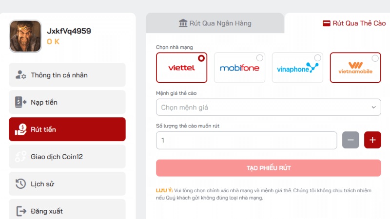 Rút tiền Kbet bằng thẻ cào điện thoại của các nhà mạng
